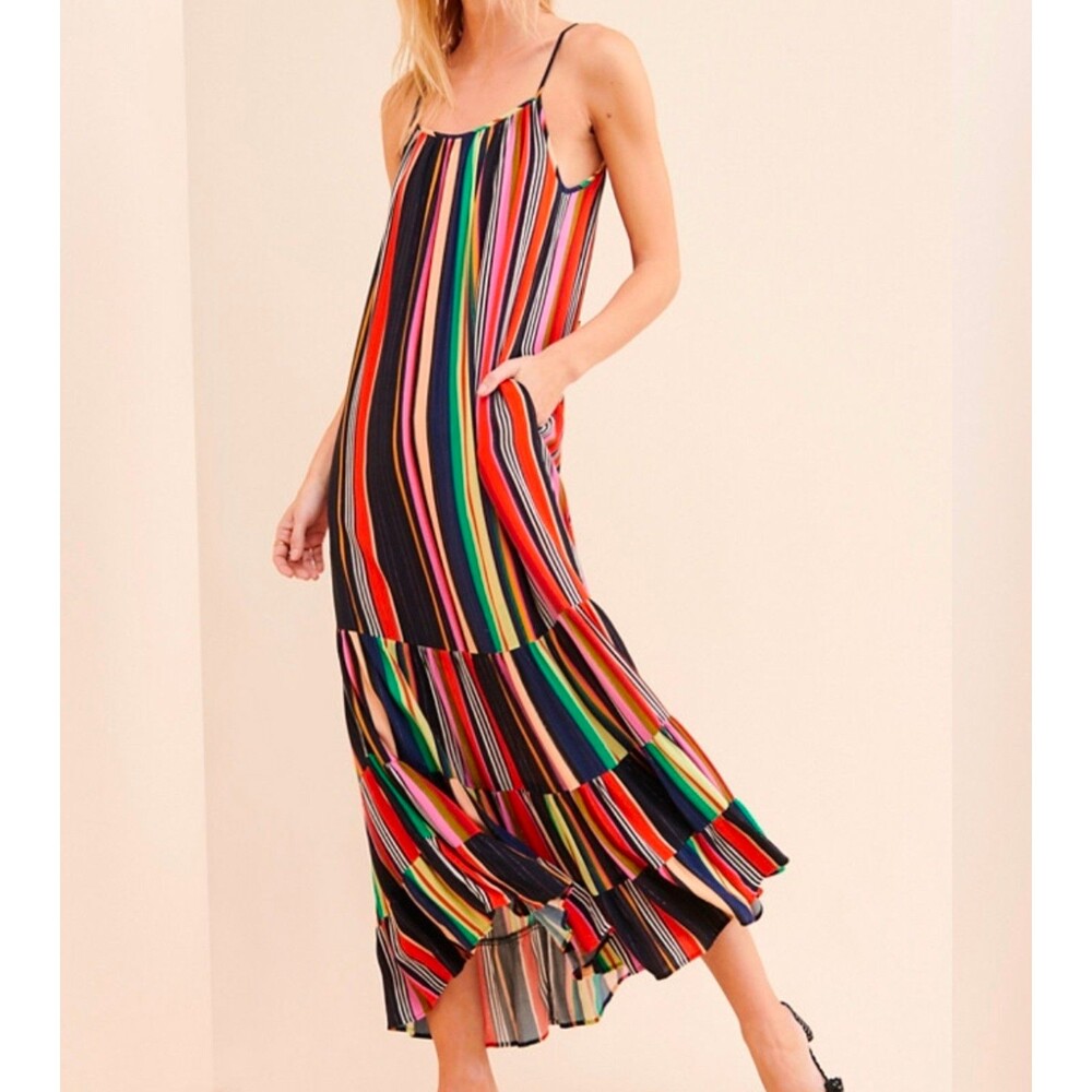 Farm Rio Dress Womens XL Rainbow Shimmer Maxi Tank Strap BOHO Anthropologie
